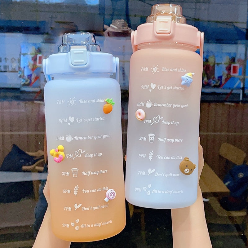 Kawaii Jumbo Plastic 2000ml Water Bottle With Time Marker & Straw-Enchanted peach