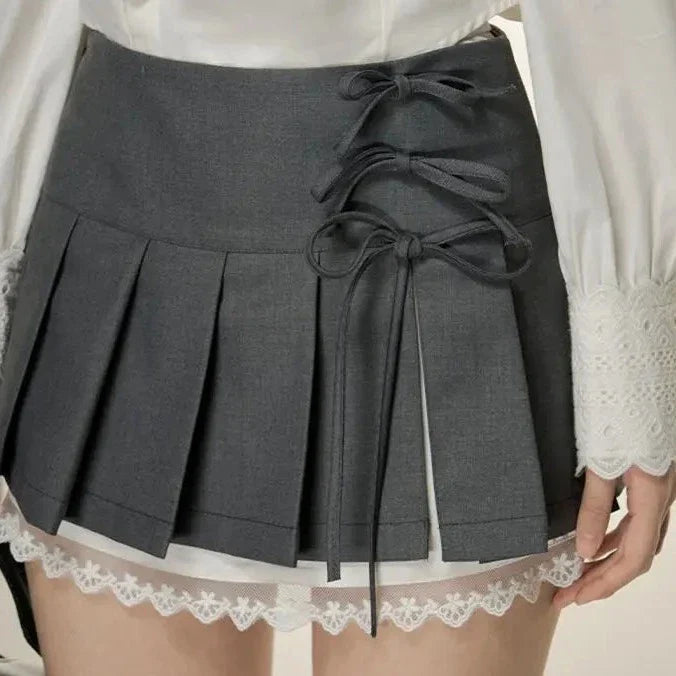 Kawaii Lace Bow Mini Ruffle Skirt-Enchanted peach