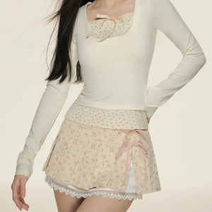 Kawaii Lace Bow Mini Ruffle Skirt-Enchanted peach