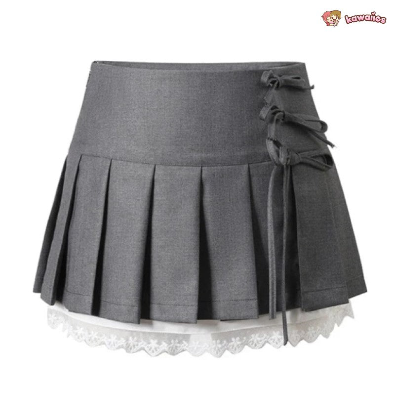 Kawaii Lace Bow Mini Ruffle Skirt-Enchanted peach