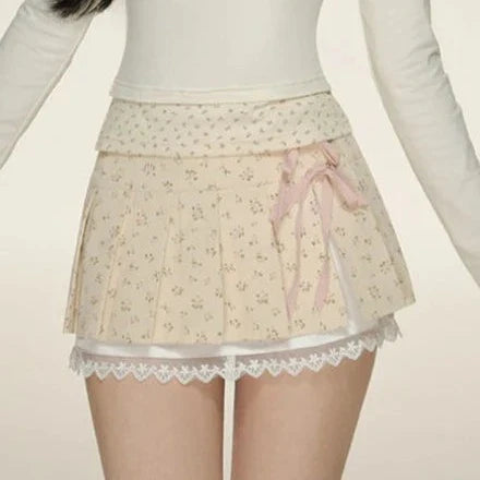 Kawaii Lace Bow Mini Ruffle Skirt-Enchanted peach