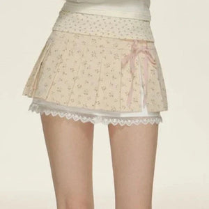 Kawaii Lace Bow Mini Ruffle Skirt-Enchanted peach