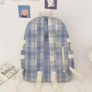 Kawaii Large Checked Multi-Pocket Backpack-Enchanted peach