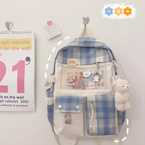 Kawaii Large Checked Multi-Pocket Backpack-Enchanted peach