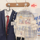 Kawaii Large Checked Multi-Pocket Backpack-Enchanted peach