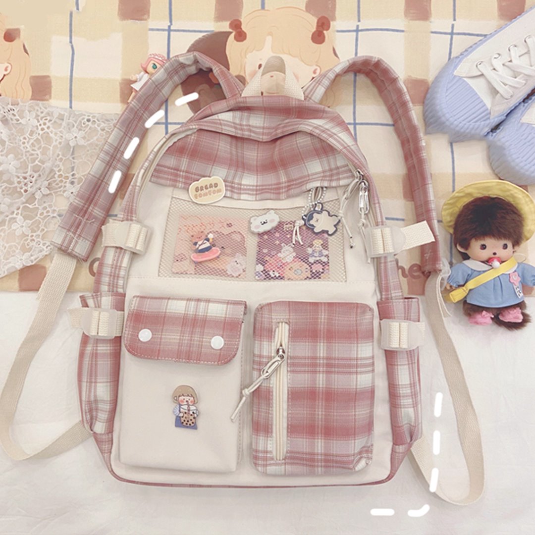 Kawaii Large Checked Multi-Pocket Backpack-Enchanted peach