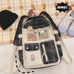 Kawaii Large Checked Multi-Pocket Backpack-Enchanted peach