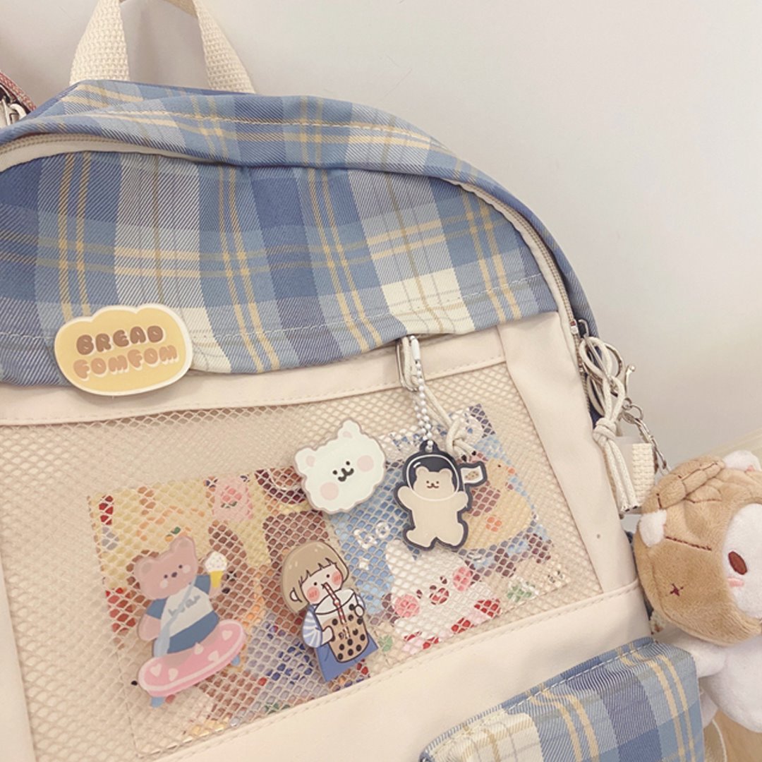 Kawaii Large Checked Multi-Pocket Backpack-Enchanted peach