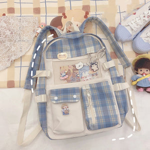 Kawaii Large Checked Multi-Pocket Backpack-Enchanted peach