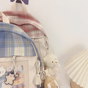 Kawaii Large Checked Multi-Pocket Backpack-Enchanted peach