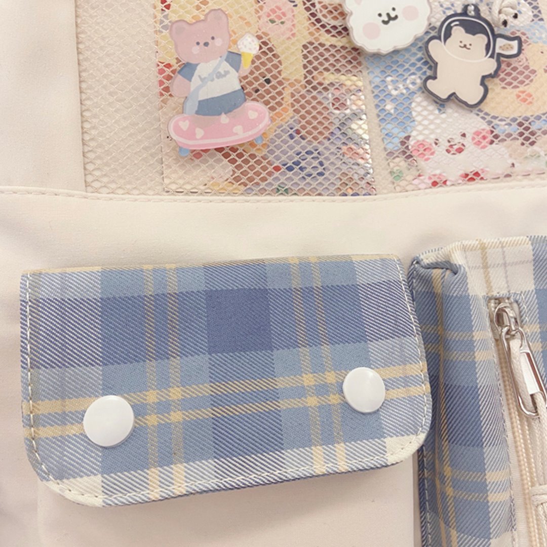 Kawaii Large Checked Multi-Pocket Backpack-Enchanted peach