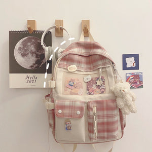 Kawaii Large Checked Multi-Pocket Backpack-Enchanted peach