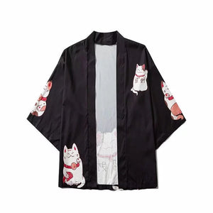 Kawaii Lucky Cat Black Pink Japanese Short Kimono-Enchanted peach