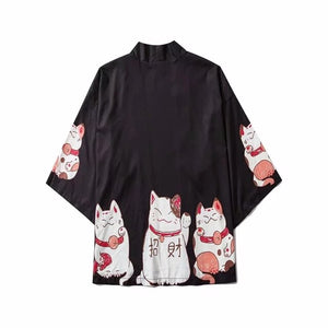 Kawaii Lucky Cat Black Pink Japanese Short Kimono-Enchanted peach