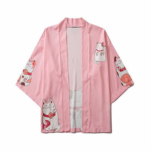 Kawaii Lucky Cat Black Pink Japanese Short Kimono-Enchanted peach