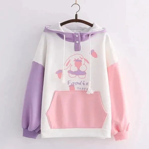 Kawaii Pink Purple White Bunny Strawberry Three-tone Hoodie-Enchanted peach