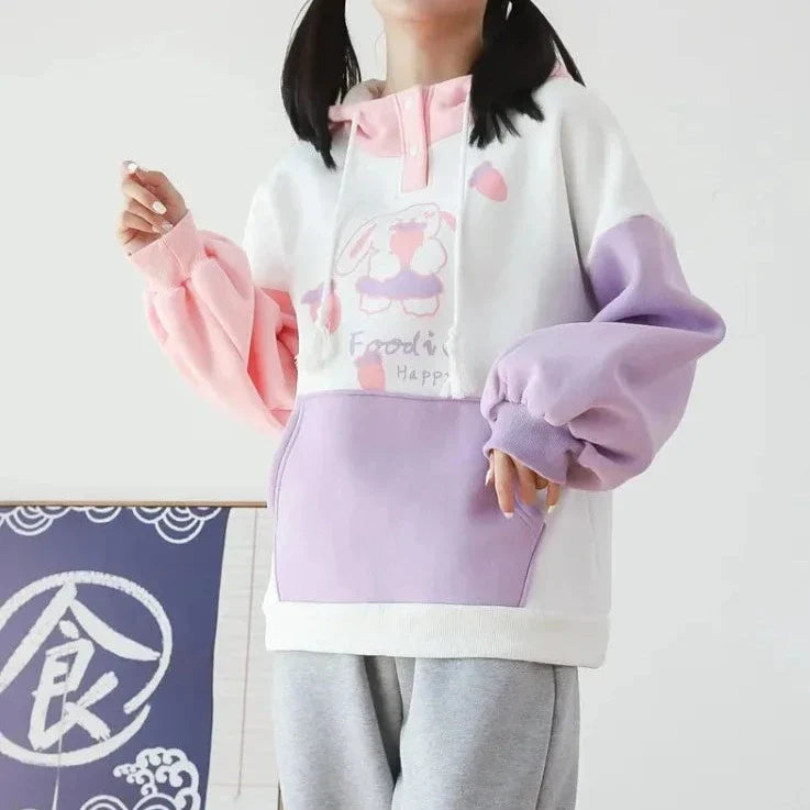 Kawaii Pink Purple White Bunny Strawberry Three-tone Hoodie-Enchanted peach