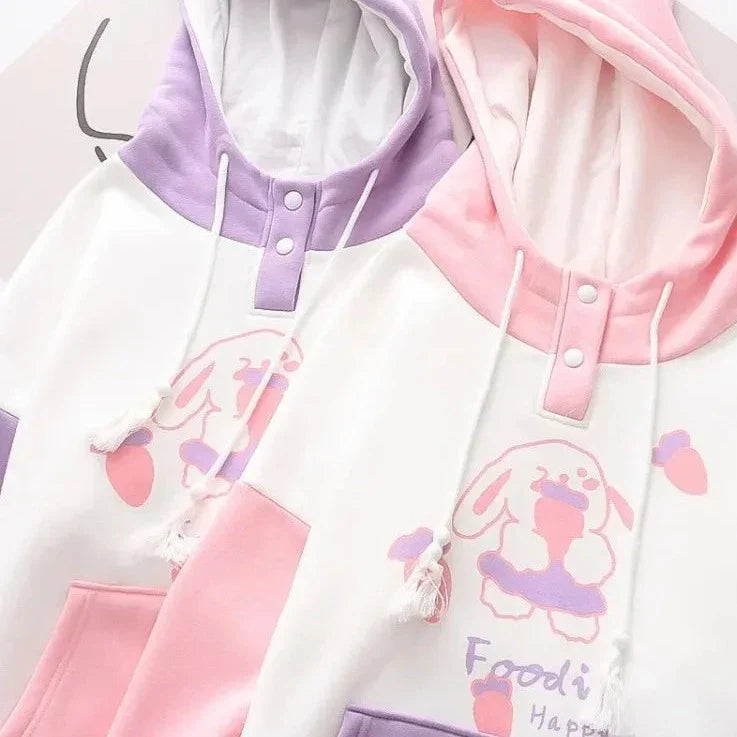 Kawaii Pink Purple White Bunny Strawberry Three-tone Hoodie-Enchanted peach