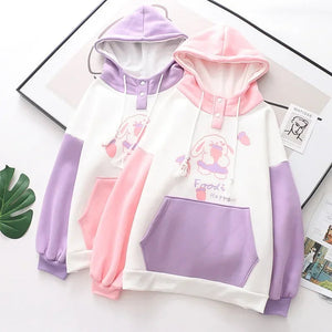 Kawaii Pink Purple White Bunny Strawberry Three-tone Hoodie-Enchanted peach