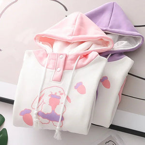 Kawaii Pink Purple White Bunny Strawberry Three-tone Hoodie-Enchanted peach