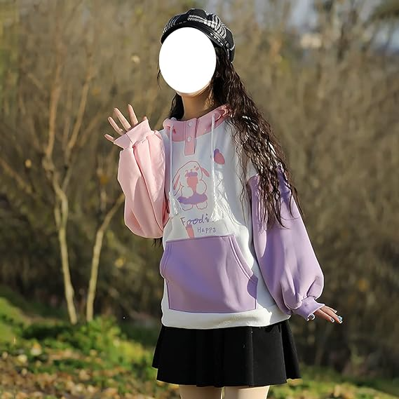 Kawaii Pink Purple White Bunny Strawberry Three-tone Hoodie-Enchanted peach