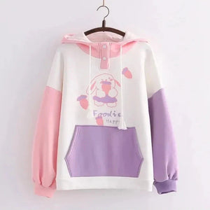 Kawaii Pink Purple White Bunny Strawberry Three-tone Hoodie-Enchanted peach