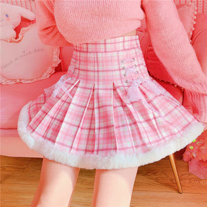 Kawaii Pleated Mini Pink Women Skirt with Lace, Fur, & Shorts-Enchanted peach