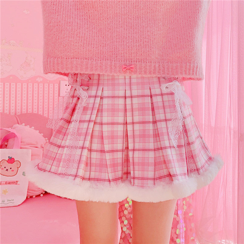 Kawaii Pleated Mini Pink Women Skirt with Lace, Fur, & Shorts-Enchanted peach