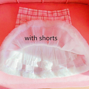 Kawaii Pleated Mini Pink Women Skirt with Lace, Fur, & Shorts-Enchanted peach