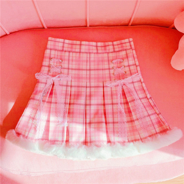 Kawaii Pleated Mini Pink Women Skirt with Lace, Fur, & Shorts-Enchanted peach