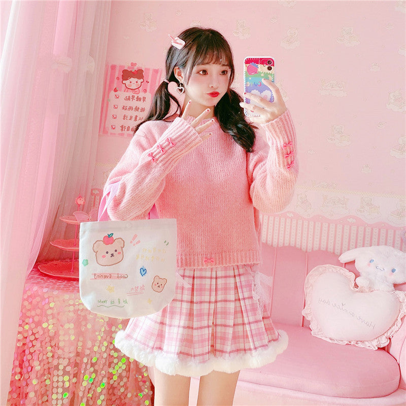 Kawaii Pleated Mini Pink Women Skirt with Lace, Fur, & Shorts-Enchanted peach