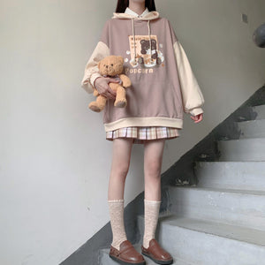 Kawaii Popcorn Brown Bear Loose Fit Two-Tone Hoodie-Enchanted peach