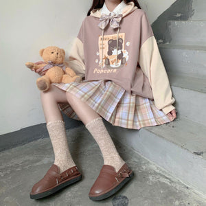 Kawaii Popcorn Brown Bear Loose Fit Two-Tone Hoodie-Enchanted peach