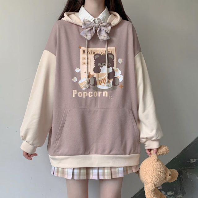 Kawaii Popcorn Brown Bear Loose Fit Two-Tone Hoodie-Enchanted peach