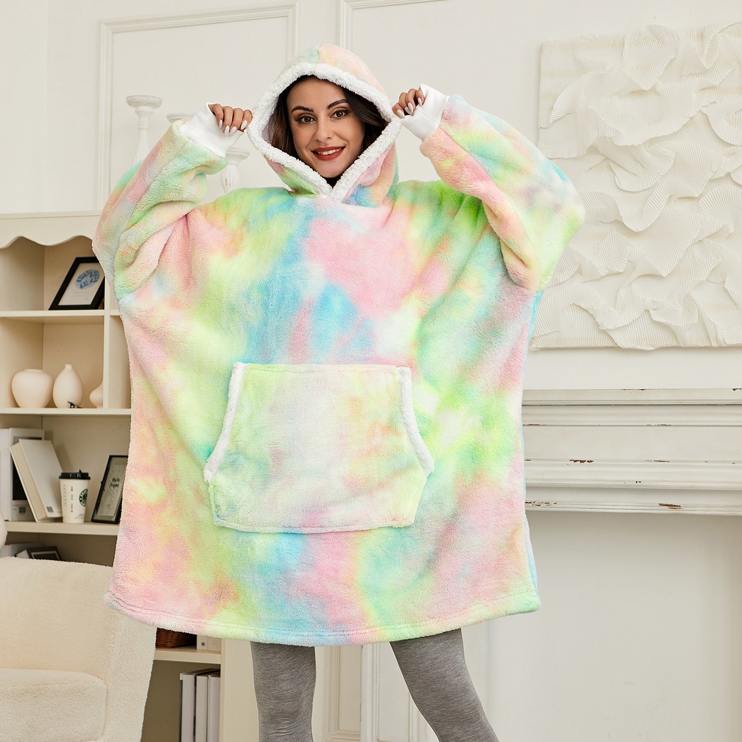 Kawaii Rainbow Oversized Thick Blanket Hoodie-Enchanted peach