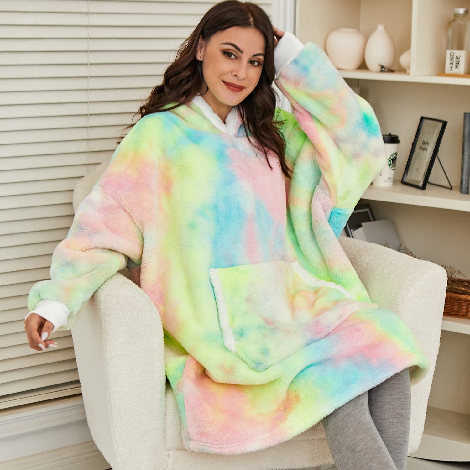 Kawaii Rainbow Oversized Thick Blanket Hoodie-Enchanted peach