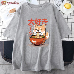 Kawaii Shiba Inu Eating Ramen Unisex Tee-Enchanted peach