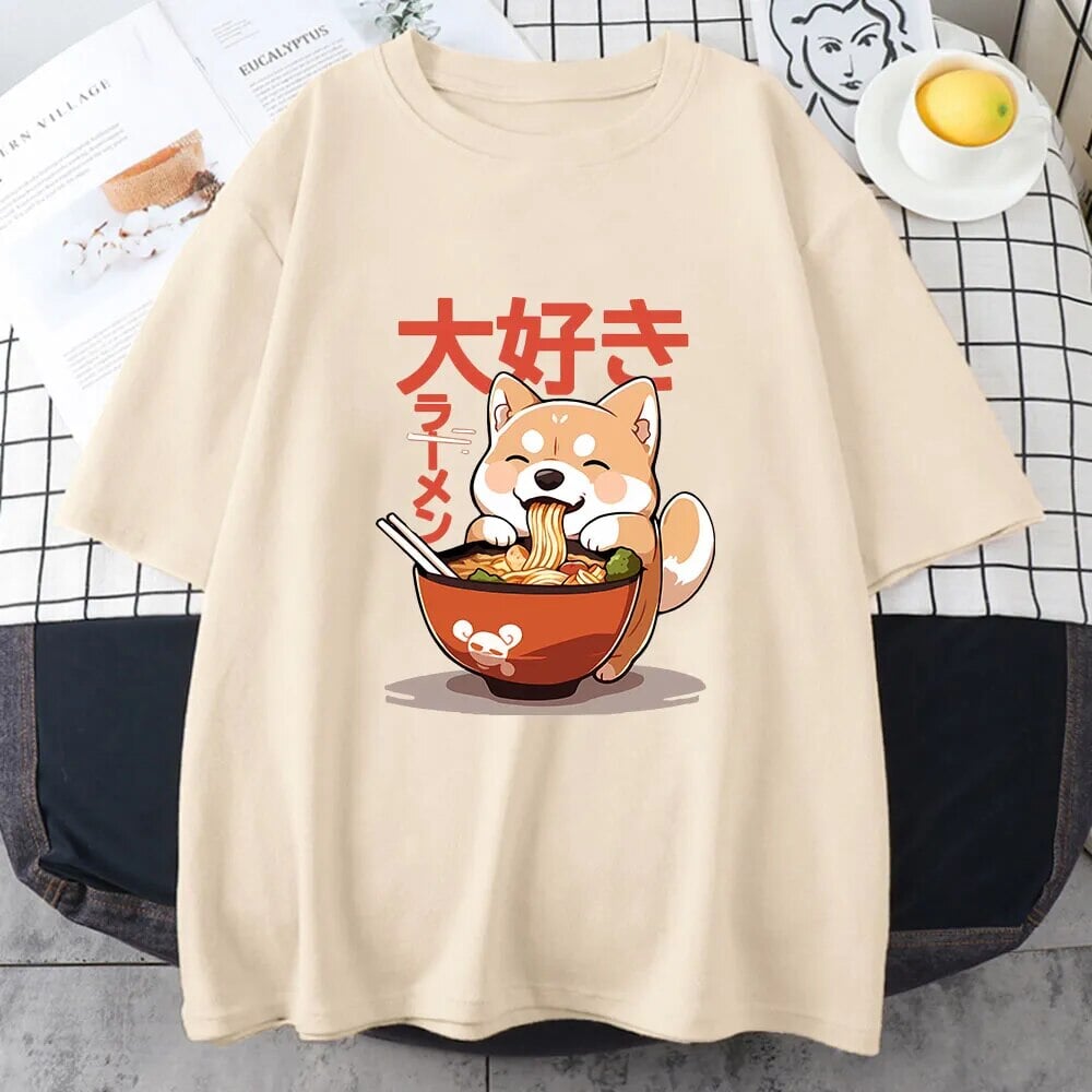 Kawaii Shiba Inu Eating Ramen Unisex Tee-Enchanted peach