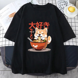 Kawaii Shiba Inu Eating Ramen Unisex Tee-Enchanted peach