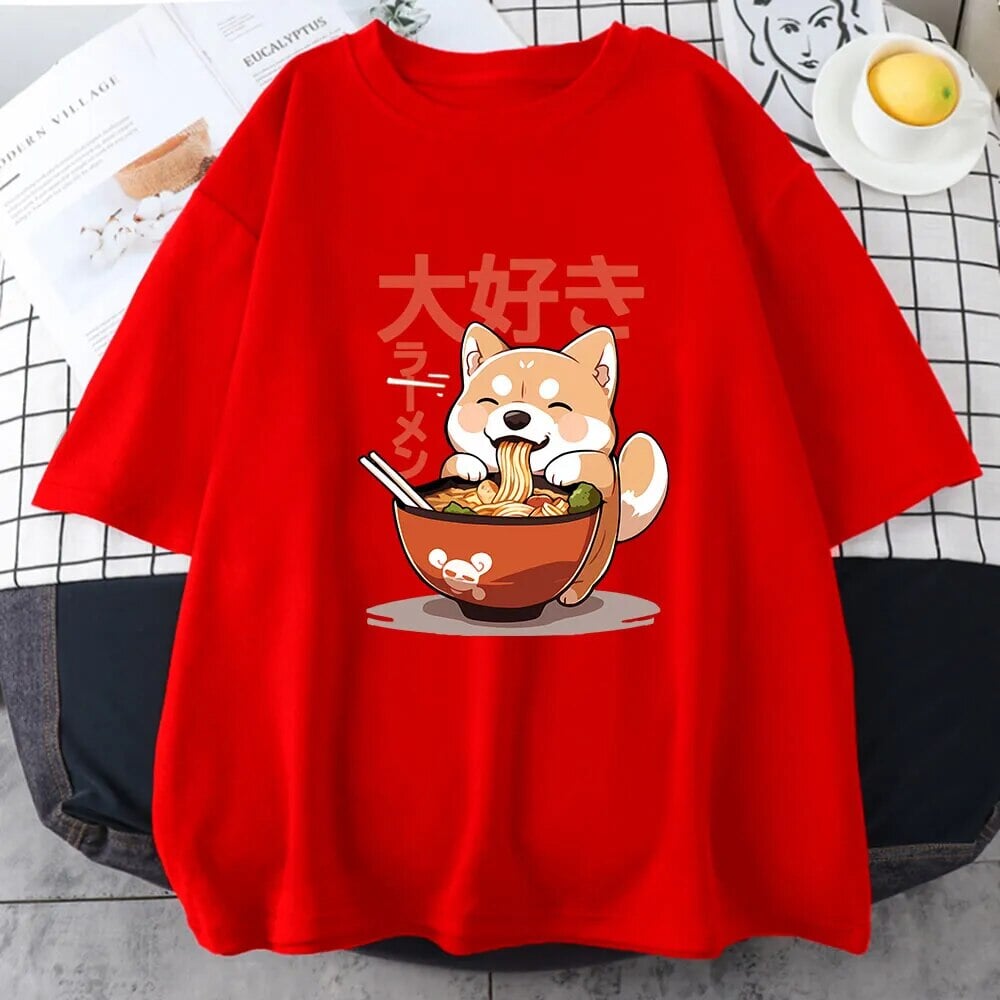 Kawaii Shiba Inu Eating Ramen Unisex Tee-Enchanted peach