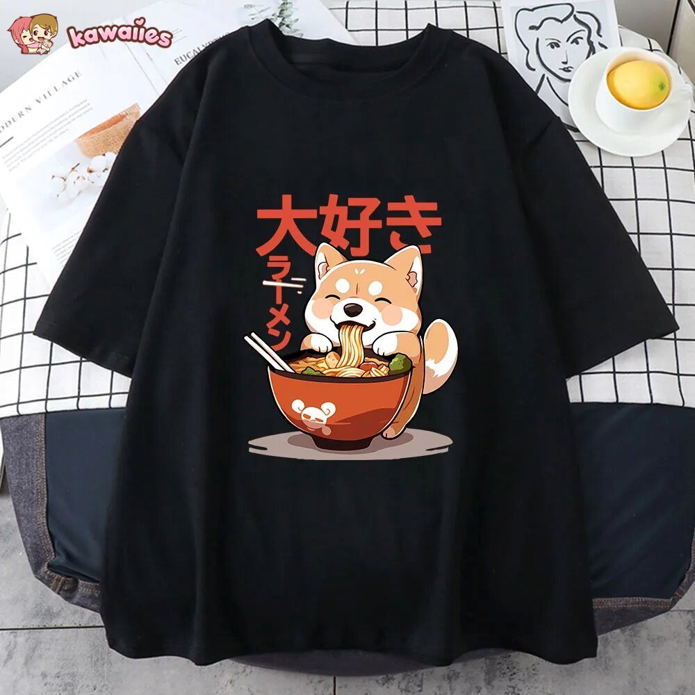 Kawaii Shiba Inu Eating Ramen Unisex Tee-Enchanted peach