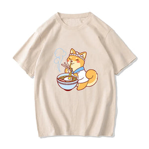 Kawaii Shiba Inu Enjoying Ramen Women's Tee Top-Enchanted peach