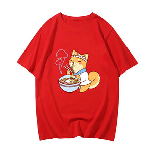 Kawaii Shiba Inu Enjoying Ramen Women's Tee Top-Enchanted peach