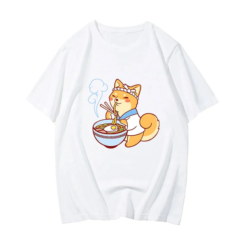 Kawaii Shiba Inu Enjoying Ramen Women's Tee Top-Enchanted peach