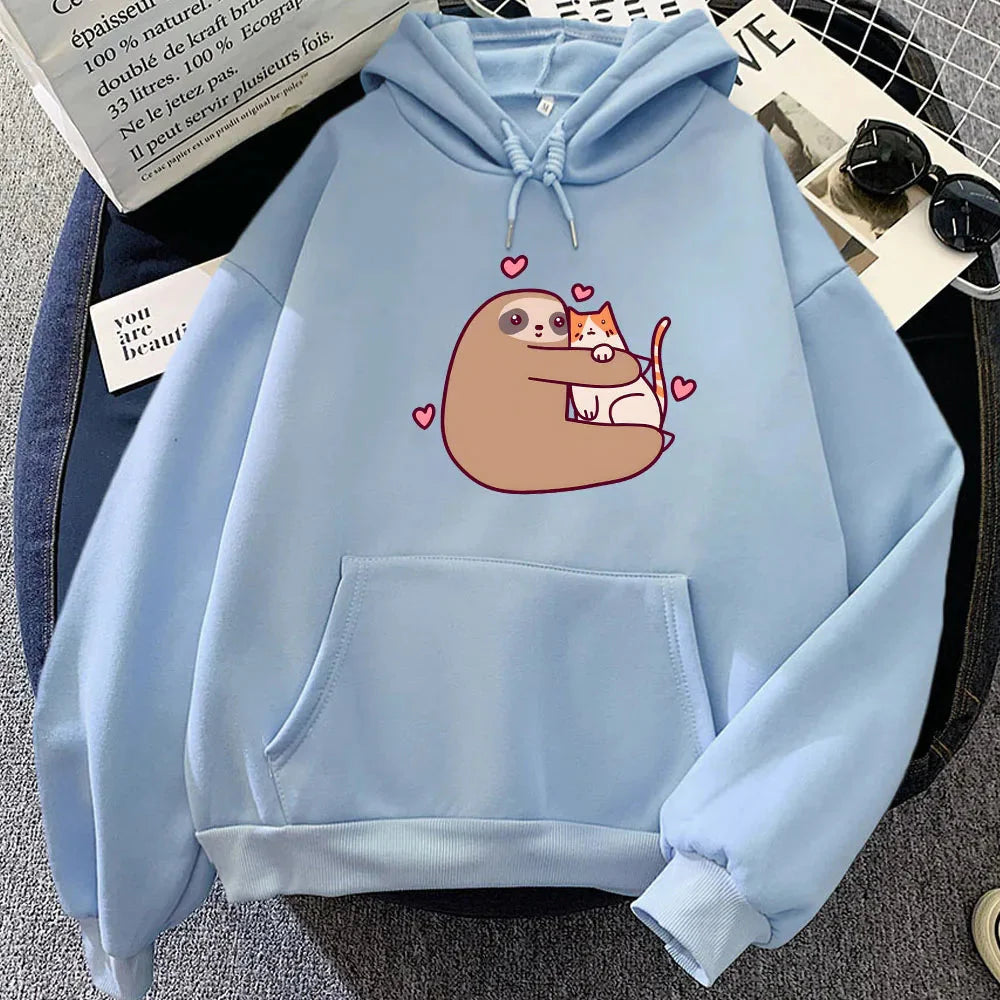 Kawaii Sloth Hugging Cat Unisex Hoodie-Enchanted peach