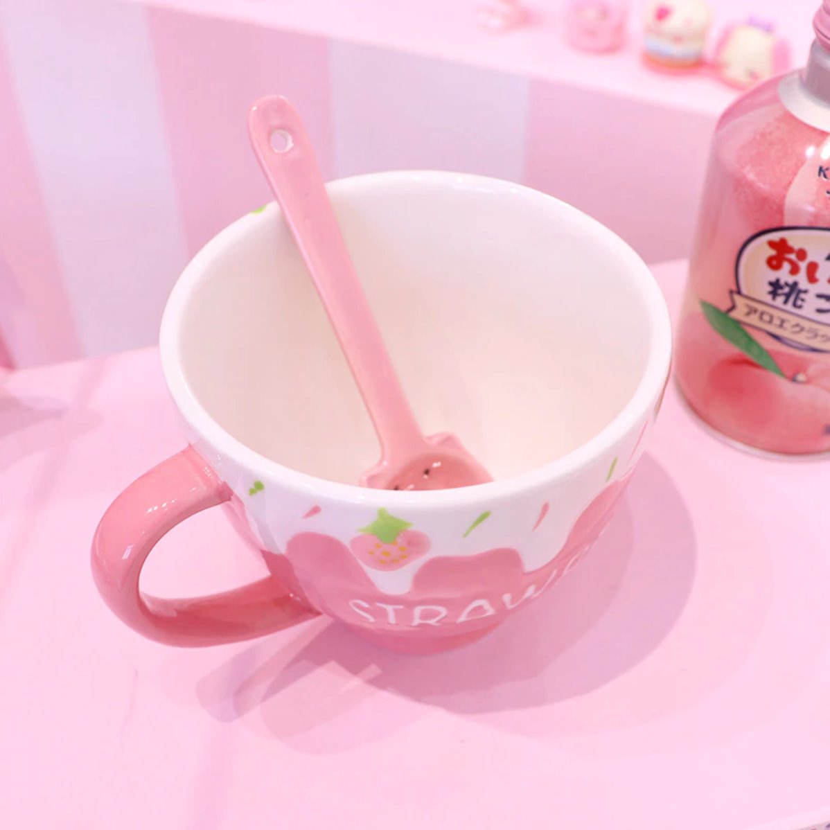 Kawaii Strawberry Milk Mug with Spoon-Enchanted peach