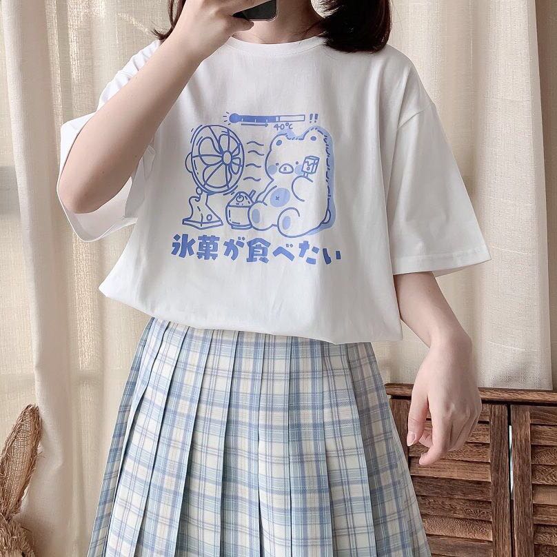 Kawaii Sweet Blue Bear Tee-Enchanted peach