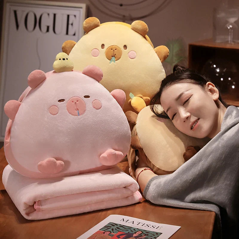 Kawaii Triangle Capybara Plush Pillows With Blanket-Enchanted peach