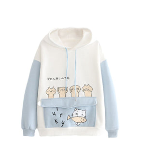 Kawaii Two-Tone Cute Cats Part-Cotton Hoodie-Enchanted peach