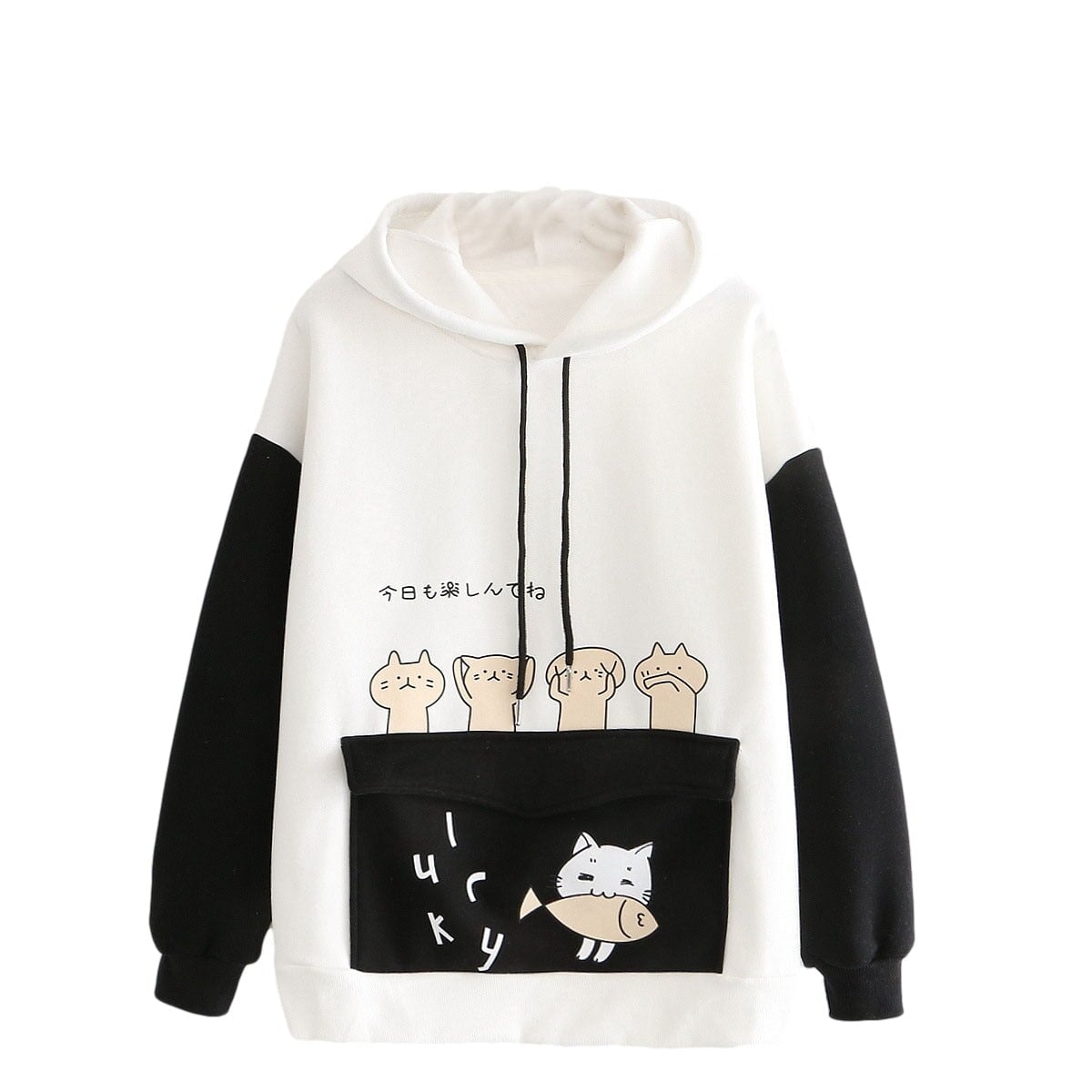 Kawaii Two-Tone Cute Cats Part-Cotton Hoodie-Enchanted peach